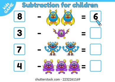 Mathematical game. Subtraction. Educational activity for preschool and school children. Vector illustration of cartoon monsters.