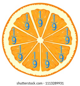 Mathematical games for children. Study the fractions numbers, example with orange. 