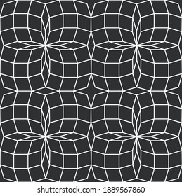 Mathematical geometric repeating 3d line pattern of squares and diamonds in white on a dark gray background, vector illustration
