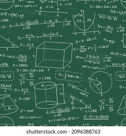 Mathematical, geometry and physics formula seamless pattern. Doodle math or algebra formula signs vector background illustration. Hand drawn school education formulas. Lecture with different tasks