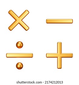 Símbolos matemáticos de oro estilo 3d. Objetos aislados en un fondo transparente