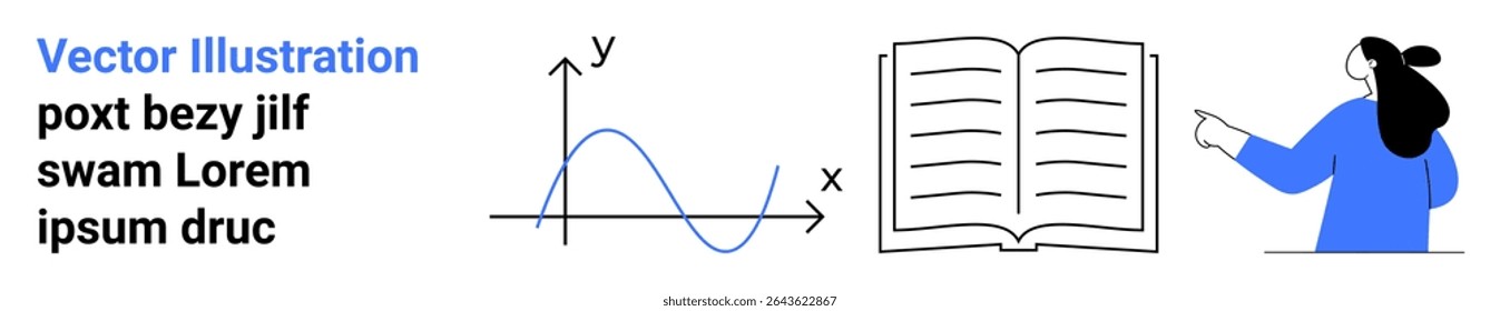 Mathematical graph, open book with blank pages, and woman pointing towards the text. Ideal for education, e-learning, presentations, research, data analysis, literary studies, instructional