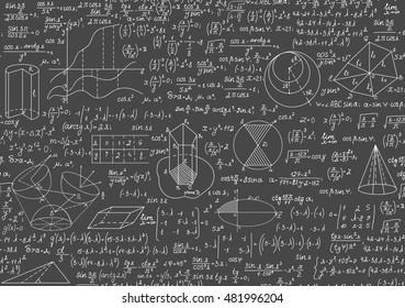 Mathematical grey educational seamless texture with handwritten school formulas and equations, figures