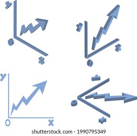 mathematical growth graphs in isometric with blue arrow pointing direction on white background