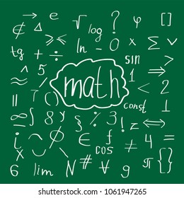 Mathematical handdrawn doodle basic characters on green background. Vector illustration.