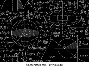 Mathematical handwritten vector seamless background with plots, figures and formulas, "chalk on blackboard" effect