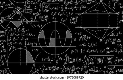 Mathematical handwritten vector seamless backround with physics and math formulas, plots, figures