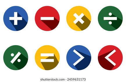 mathematical icon. math calculations addition, division, subtraction, multiplication, plus minus button symbol set. mathematical calculator education vector. Vector pictogram. Math symbols icon set.