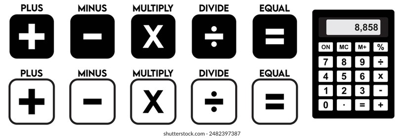 mathematical icon. math calculations addition, division, subtraction, multiplication, plus minus button symbol set. mathematical calculator education vector. Vector pictogram. Math symbols icon set.