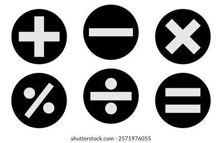 mathematical icon. math calculations addition, division, subtraction, multiplication, plus minus button symbol set. mathematical calculator education vector. Vector pictogram. symbols icon set, eps10