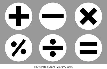 mathematical icon. math calculations addition, division, subtraction, multiplication, plus minus button symbol set. mathematical calculator education vector. Vector pictogram. symbols icon set, eps10