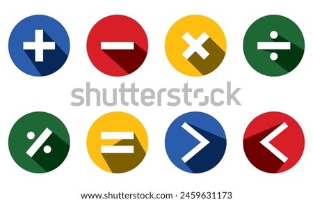 mathematical icon. math calculations addition, division, subtraction, multiplication, plus minus button symbol set. mathematical calculator education vector. Vector pictogram. Math symbols icon set.