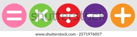 mathematical icon. math calculations addition, division, subtraction, multiplication, plus minus button symbol set. mathematical calculator education vector. Vector pictogram. symbols icon set, eps10