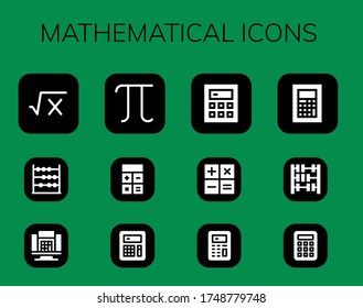mathematical icon set. 12 filled mathematical icons.  Simple modern icons such as: Math, Abacus, Calculator, Pi