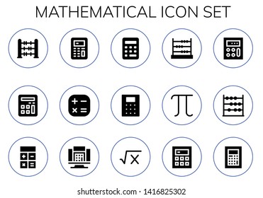 mathematical icon set. 15 filled mathematical icons.  Collection Of - Abacus, Calculator, Pi, Math