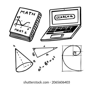 Mathematical icons. Computer and book, cone and hypotenuse. Graphs and figures with calculations and formulas. Golden spiral. Concept calculations. Engraved hand drawn old sketch.