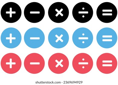 Iconos matemáticos. Conjunto de símbolos matemáticos: más, menos, multiplicación, división, igual. Ilustración vectorial aislada en un fondo blanco.