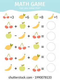 Mathematical kids game. Children educational addition and subtraction game, math counting equations worksheet vector illustration set. Counting math game and mathematical question for education