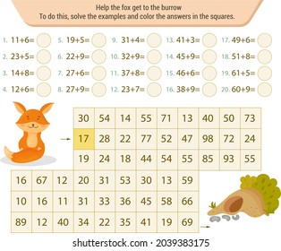 Mathematical labyrinth. To find the way, solve the examples and color the answers in the squares