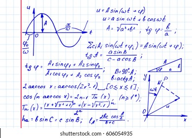 Mathematical  law theory and formula equation on notebook paper. Vintage education  and scientific background.  Vector hand-drawn illustration.