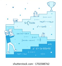 Mathematical linear illustration with boy climbing path to success. Modern color thin linear math concept for school, University and learning. Vector illustration with various elements on the subject of Mathematics. 