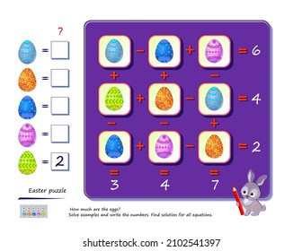 Juego de lógica matemática para los más inteligentes. ¿Cuánto cuestan los huevos? Resuelva ejemplos y escriba los números. Rompecabezas de Pascua. Buscar solución para todas las ecuaciones. Libro de bromas de cerebro. Cuenta y juega. Educación en línea.