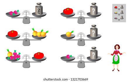 Mathematical logic puzzle game for children and adults. Need to calculate weight of products. Printable page for brainteaser book. Developing spatial thinking. Vector image.