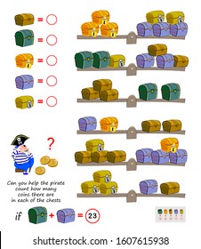 Mathematical logic puzzle game for children. Can you help the pirate count how many coins there are in each of the chests? Solve examples and write the numbers. Printable page for brain teaser book.