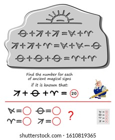 Mathematical logic puzzle game for children and adults. Find the number for each of ancient magical signs. Printable page for brain teaser book. Developing kids counting skills. IQ test.