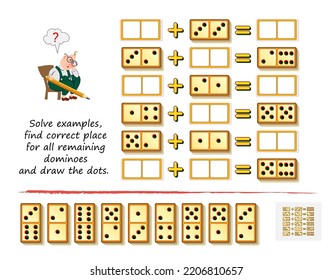 Mathematical logic puzzle game for children and adults. Solve examples, find correct place for all remaining dominoes and draw the dots. Page for kids brain teaser book. Developing counting skills.