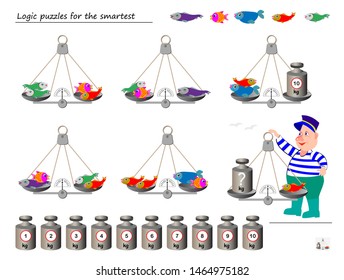 Mathematical logic puzzle game. Help the fisherman to calculate the weight of fish. What weight must put on weighing scales? Printable page for brainteaser book. Developing spatial thinking skills.