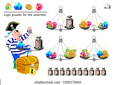 Mathematical logic puzzle game. Help the pirate calculate the weight of diamond. What weight must he put on weighing scales? Printable page for brain teaser book. Developing spatial thinking skills.