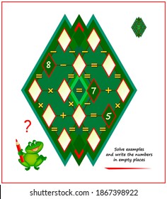 Mathematical logic puzzle game. Magic rhombus. Solve examples and write numbers in empty places. Printable page for brain teaser book. Memory training exercises for seniors.