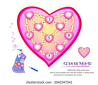 Mathematical logic puzzle game. Need to solve examples and write the numbers in empty hearts. Find solution so all equations are correct. Brain teaser book. Developing counting skills. Play online.