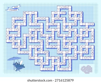 Mathematical logic puzzle game on addition and subtraction. Math crossword for smartest. Solve examples and write the numbers and symbols correctly. Brain teaser book. Hand drawn vector illustration