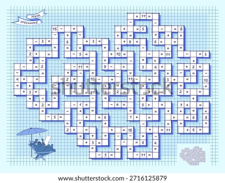 Mathematical logic puzzle game on addition and subtraction. Math crossword for smartest. Solve examples and write the numbers and symbols correctly. Brain teaser book. Hand drawn vector illustration