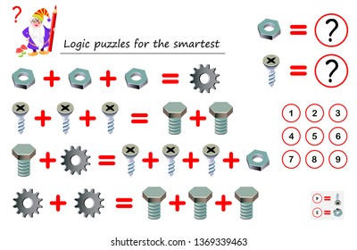 Mathematical logic puzzle game for smartest. Solve examples and count which of numbers corresponds to each of detail. Printable page for brainteaser book. Developing spatial thinking. Vector image.