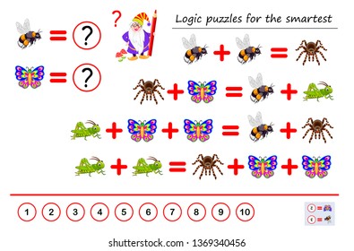 Mathematical logic puzzle game for smartest. Solve examples and count which of numbers corresponds to each of insect. Printable page for brainteaser book. Developing spatial thinking. Vector image.