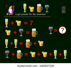 Mathematical logic puzzle game for smartest. Solve examples and count which of numbers corresponds to each of drink. Printable page for brainteaser book. Developing spatial thinking. Vector image.