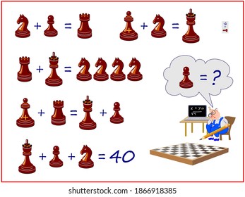 Mathematical logic puzzle game for smartest. How much is the pawn? Solve examples and count the price of all chess pieces. Page for brain teaser book. Memory training exercises for seniors. svg