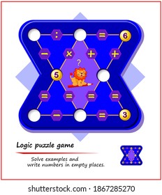 Juego de rompecabezas de lógica matemática para los más inteligentes. Triángulo mágico. Resuelva ejemplos y escriba números en lugares vacíos. Página imprimible para libro de bromas de cerebro. Ejercicios de entrenamiento de memoria para adultos mayores.