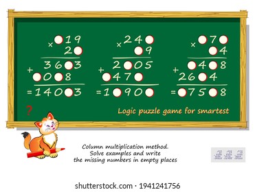 Mathematische Logik Rätsel Spiel für intelligenteste. Spaltenmultiplikationsmethode. Lösen Sie Beispiele und schreiben Sie die fehlenden Zahlen an leeren Stellen. Hirnteaser-Buch. Gedächtnisübungen für Senioren.