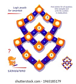 Mathematical logic puzzle game for smartest. Find solution for all equations. Solve examples and write numbers in empty places. Page for brain teaser book. Play online. Memory training for seniors.