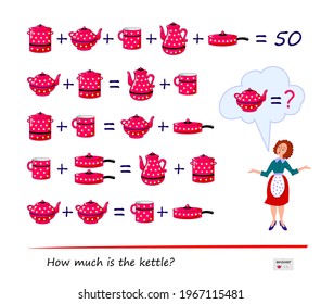 Mathematical logic puzzle game for smartest. How much is the kettle? Solve examples and find solution. Page for brain teaser book. Play online. Memory training for seniors.