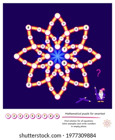 Mathematical logic puzzle game for smartest. Find solution for all equations. Solve examples and write numbers in empty places. Page for brain teaser book. Play online. Memory training for seniors.