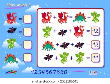 Mathematical Logic Puzzle Game For Smartest. How Much Are The Fantastic Animals? Solve Examples And Write The Numbers. Find Solution For All Equations. Brain Teaser Book. Developing Counting Skills.