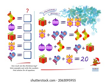 Mathematical Logic Puzzle Game For Smartest. How Much Are The Christmas Toys? Solve Examples And Write The Numbers. Find Solution For All Equations. Brain Teaser Book. Developing Counting Skills.