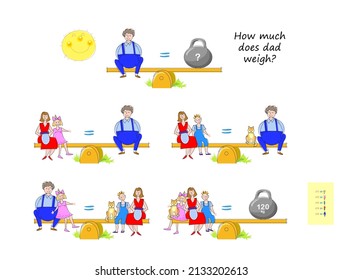 Mathematical logic puzzle game for smartest. How much does dad weigh? Count and solve. Find solution for all equations. Brain teaser book. Developing counting skills. Online education. Vector cartoon