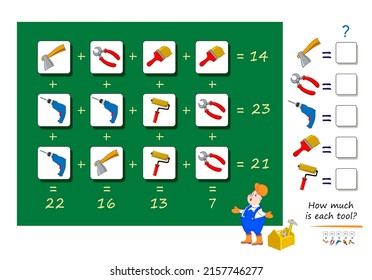 Mathematical Logic Puzzle Game For Smartest. How Much Is Each Tool? Solve Examples And Write The Numbers. Find Solution For All Equations. Brain Teaser Book. Count And Play. Online Education.