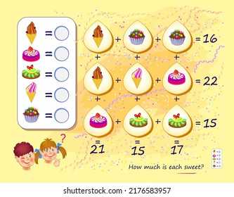 Mathematical Logic Puzzle Game For Smartest. How Much Is Each Sweet? Solve Examples And Write The Numbers. Find Solution For All Equations. Brain Teaser Book. Count And Play. Online Education.